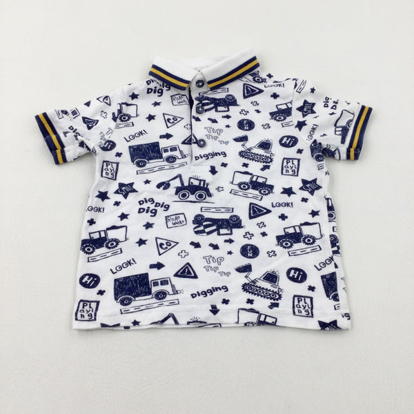 'Road Works' Diggers Navy & White Polo Shirt - Boys 12-18 Months