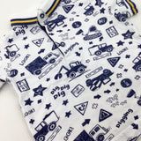 'Road Works' Diggers Navy & White Polo Shirt - Boys 12-18 Months