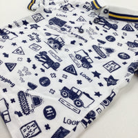 'Road Works' Diggers Navy & White Polo Shirt - Boys 12-18 Months