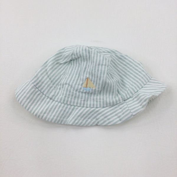 Boat Motif Green Striped Sun Hat - Boys 3-6 Months