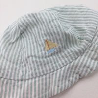 Boat Motif Green Striped Sun Hat - Boys 3-6 Months