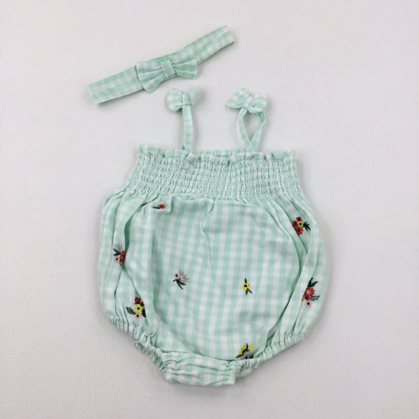 Flowers Embroidered Green Checked Romper & Headband Set - Girls 3-6 Months