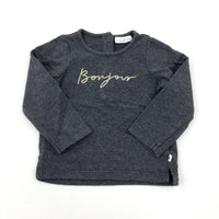 'Bonjour' Charcoal Grey Long Sleeve Top - Girls 3-6 Months