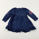 Flowers Embroidered Dark Blue Denim Dress - Girls 12-18 Months