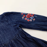 Flowers Embroidered Dark Blue Denim Dress - Girls 12-18 Months