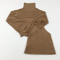 Brown Knitted Cropped Roll Neck & Vest Top Set - Girls 12-13 Years