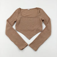 Textured Tan Knitted Cropped Long Sleeve Top - Girls 12-13 Years