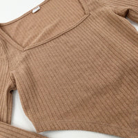 Textured Tan Knitted Cropped Long Sleeve Top - Girls 12-13 Years