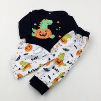 Pumpkin & Dinosaurs Patterned Black & White Long Sleeve Bodysuit Trousers & Jersey Hat Set - Boys 18-24 Months