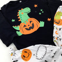 Pumpkin & Dinosaurs Patterned Black & White Long Sleeve Bodysuit Trousers & Jersey Hat Set - Boys 18-24 Months