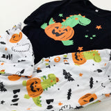 Pumpkin & Dinosaurs Patterned Black & White Long Sleeve Bodysuit Trousers & Jersey Hat Set - Boys 18-24 Months