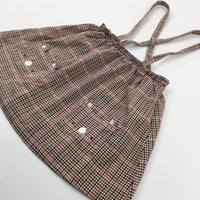 Bear Embroidered Pink & Brown Checked Dress - Girls 5-6 Years