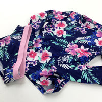 Flowers Navy Two Piece Swimsuit  - Girls 6-7 Years