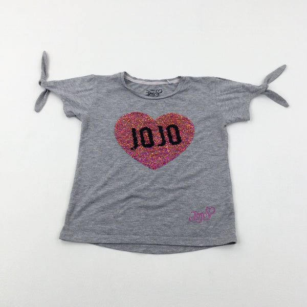 'JoJo' Heart Sequinned Grey T-Shirt- Girls 7-8 Years