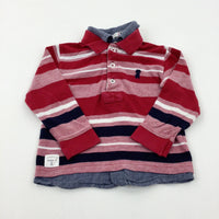 Dog Motif Red Striped Long Sleeve Polo Shirt - Boys 18-24 Months