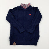 Dog Motif Navy Knitted Jumper With Faux Collar- Boys 3-4 Years