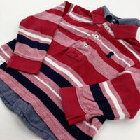 Dog Motif Red Striped Long Sleeve Polo Shirt - Boys 18-24 Months