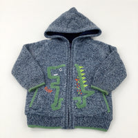 'Roar' Dinosaur Mottled Navy Fleece Lined Knitted Zip Through Hoodie - Boys 3-4 Years