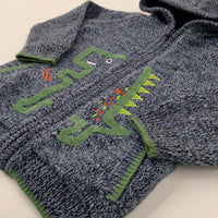 'Roar' Dinosaur Mottled Navy Fleece Lined Knitted Zip Through Hoodie - Boys 3-4 Years