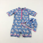 Unicorns Blue Beach Suit & Sun Hat Set - Girls 18-24 Months