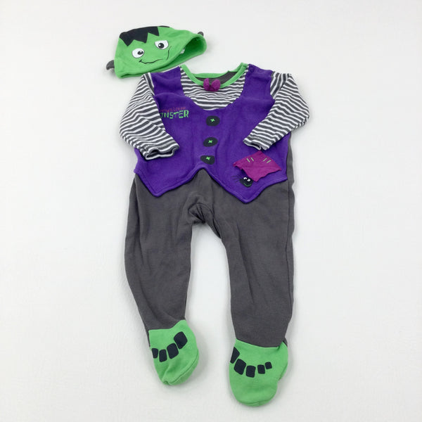 Mummy's Little Monster' Spider Purple & Grey Babygrow & Jersey Hat Set - Girls/Boys 6-9 Months