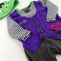 Mummy's Little Monster' Spider Purple & Grey Babygrow & Jersey Hat Set - Girls/Boys 6-9 Months