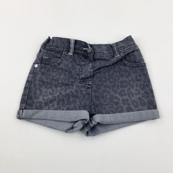 Animal Print Grey Denim Shorts With Adjustable Waist - Girls 4-5 Years