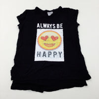 'Always Be Happy' Smiley Face Sequin Flip Black T-Shirt - Girls 12-13 Years