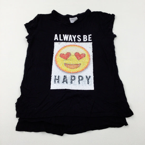 'Always Be Happy' Smiley Face Sequin Flip Black T-Shirt - Girls 12-13 Years