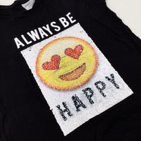 'Always Be Happy' Smiley Face Sequin Flip Black T-Shirt - Girls 12-13 Years