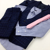 Blue Checked 5 Piece Occasion Suit - Jacket, Trousers, Shirt, Waistcoat & Tie - Boys 8 Years
