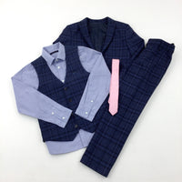 Blue Checked 5 Piece Occasion Suit - Jacket, Trousers, Shirt, Waistcoat & Tie - Boys 8 Years