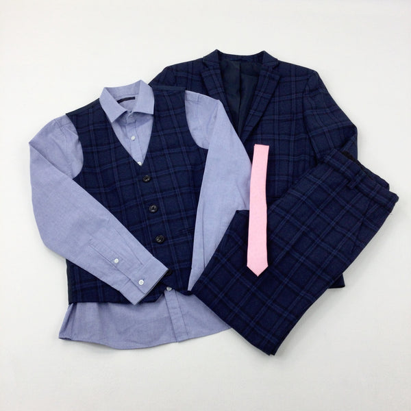 Blue Checked 5 Piece Occasion Suit - Jacket, Trousers, Shirt, Waistcoat & Tie - Boys 11 Years