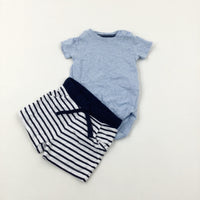 Blue Bodysuit & Navy Striped Jersey Shorts Set - Boys 6-9 Months