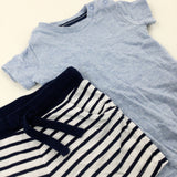 Blue Bodysuit & Navy Striped Jersey Shorts Set - Boys 6-9 Months