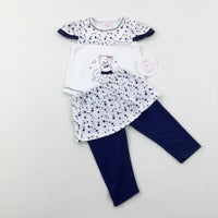 **NEW** Bear Embroidered Hearts Navy & White T-Shirt & Leggings Set - Girls 9-12 Months