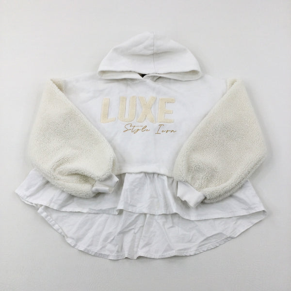 'Style Icon' Glittery White Hoodie With Faux Collar - Girls 9-10 Years