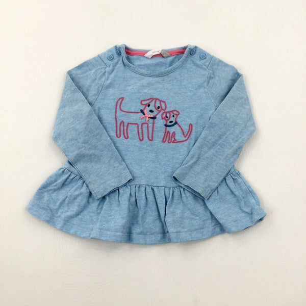 Dogs Embroidered Blue Long Sleeve Top - Girls 9-12 Months