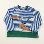Dog & Foxes Appliqued Blue Striped Long Sleeve Top - Boys 12-18 Months