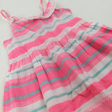 Pink & Mint Green Striped Cotton Dress - Girls 6-7 Years