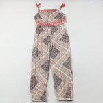 Flower Embroidered Patterned Cream Lightweight Jumpsuit - Girls 8-9 Years