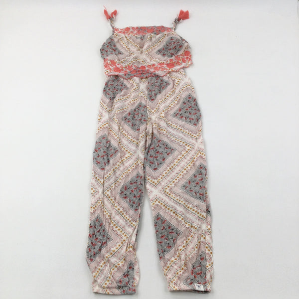 Flower Embroidered Patterned Cream Lightweight Jumpsuit - Girls 8-9 Years