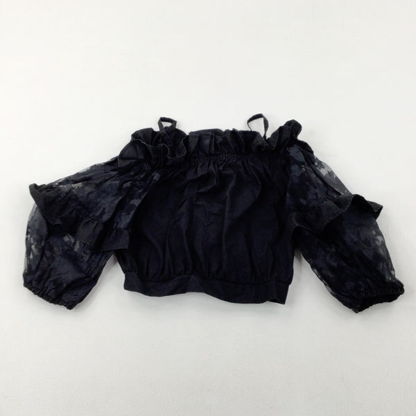 Sheer Flowery Sleeves Black Cropped Top - Girls 9-10 Years