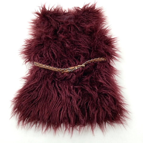 Burgundy Fluffy Faux Fur Gilet With Belt - Girls 6-7 Years