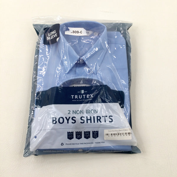 **NEW** Pack of 2 Blue Non Iron Long Sleeve School Shirts - Collar 12.5" (RRP. £19) - Boys 9-10 Years