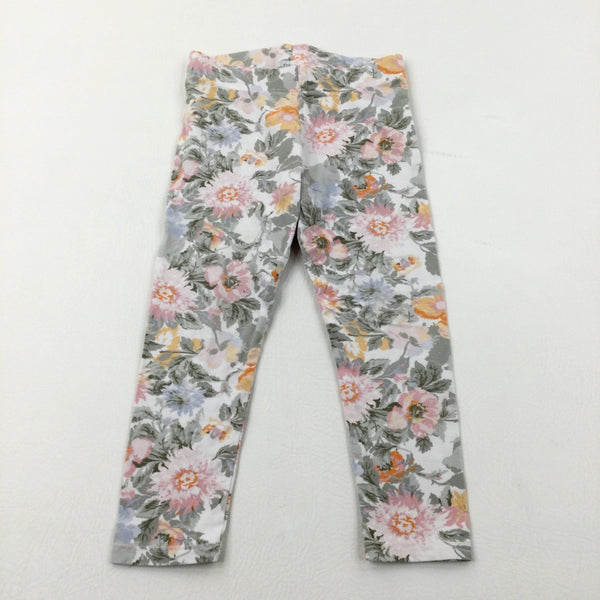 Pastel Flowers White Leggings - Girls 2-3 Years