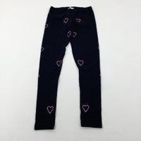 Pink Diamonte Hearts Black Leggings - Girls 8-9 Years