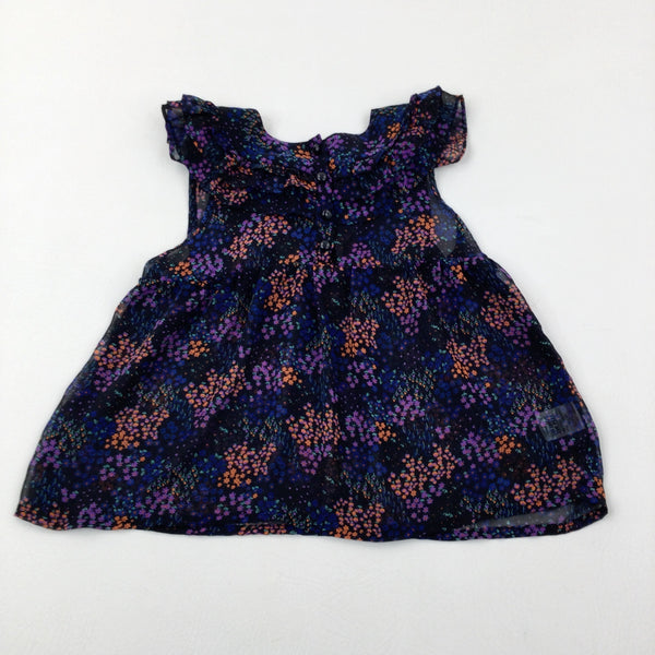 Purple, Blue & Orange Flowers Black Sheer Blouse - Girls 6-7 Years