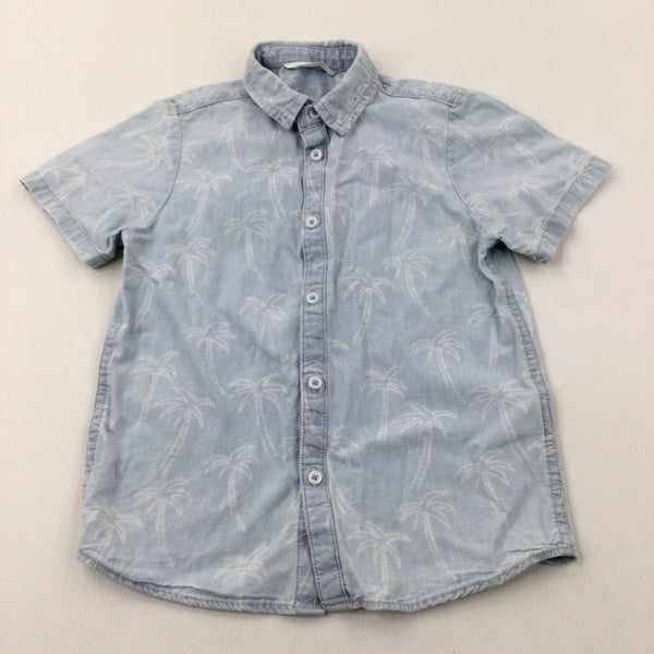 Palm Trees Blue Denim Effect Cotton Short Sleeve Shirt - Boys 5-6 Years