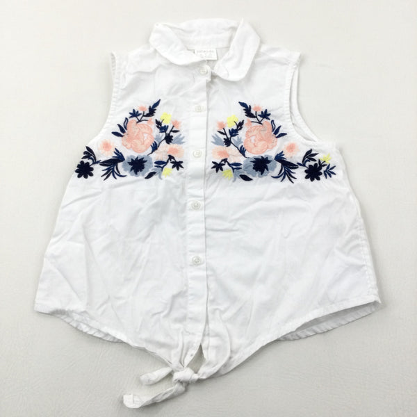 Flower Embroidered White Tie-front Cotton Blouse - Girls 8-9 Years